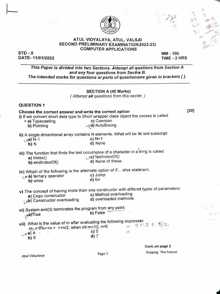 Computer Applications Exam Paper STD X | PDF | Constructor (Object ...