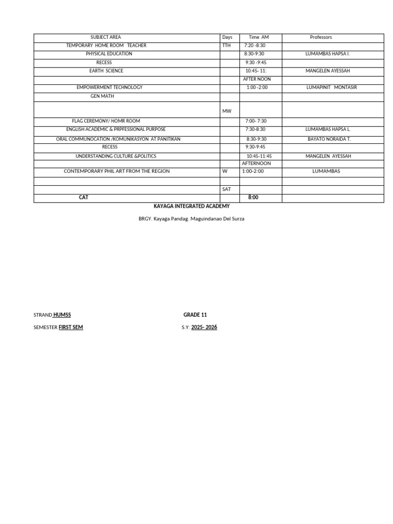 Grade 11 HUMSS Class Schedule 2025-2026 | PDF