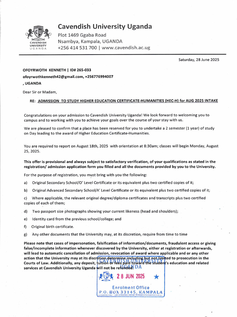 Ofoyrwoth Kenneth Admission Letter - 20250628 - 0001 | PDF | Payments ...