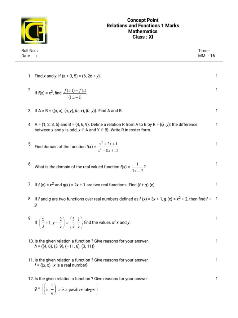 Relations and Functions Practice Questions | PDF | Function ...
