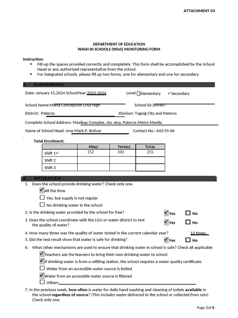 WinS Monitoring Form for Schools | PDF | Hand Washing | Sanitation