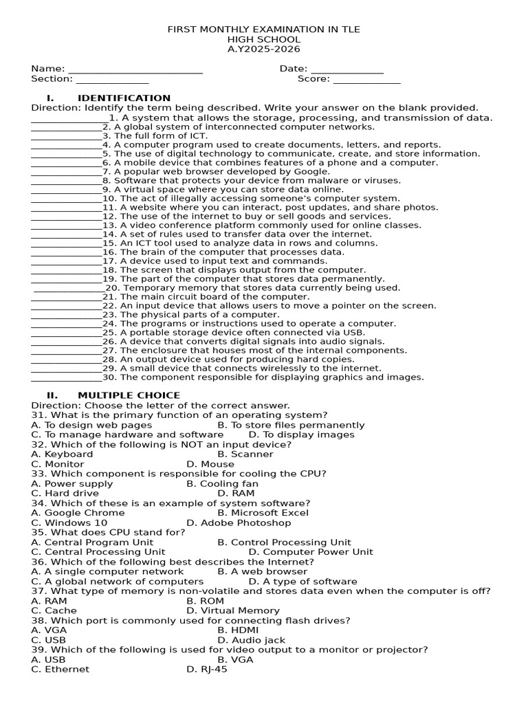 First Monthly Examination in Tle | PDF | Computer Data Storage | Input ...