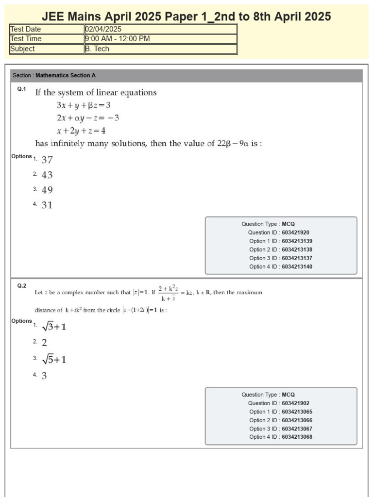 JEE Mains April 2025 MCQ Paper | PDF | Multiple Choice | Qualifications