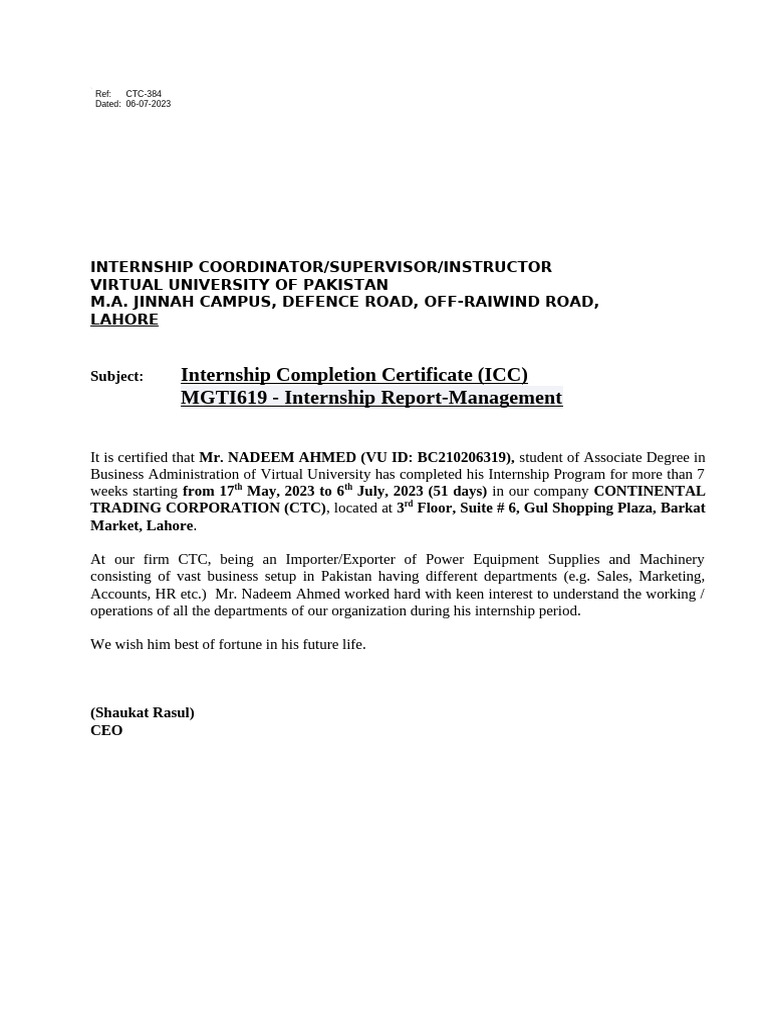 Internship Completion Certificate for Nadeem Ahmed | PDF