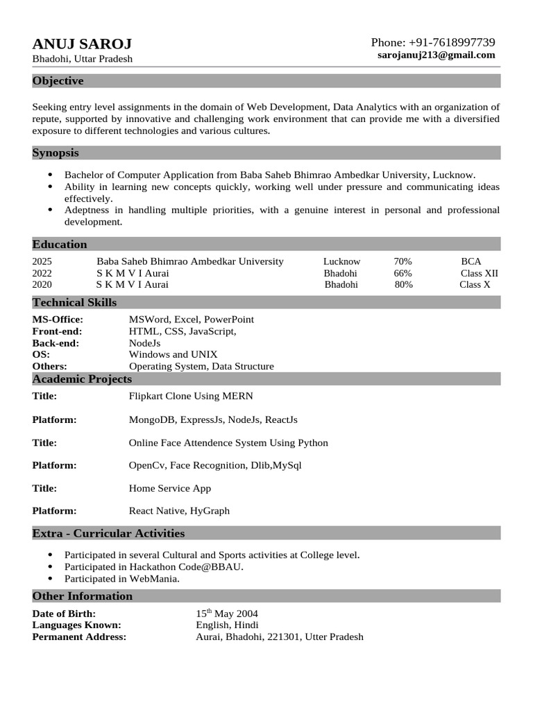 One Page Resume Format PDF - 1
