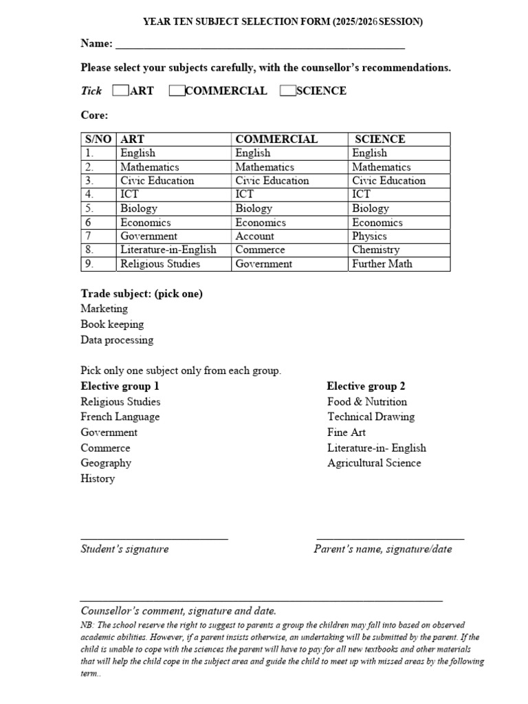 Year Ten Subject Selection Form 2025 | PDF | Science