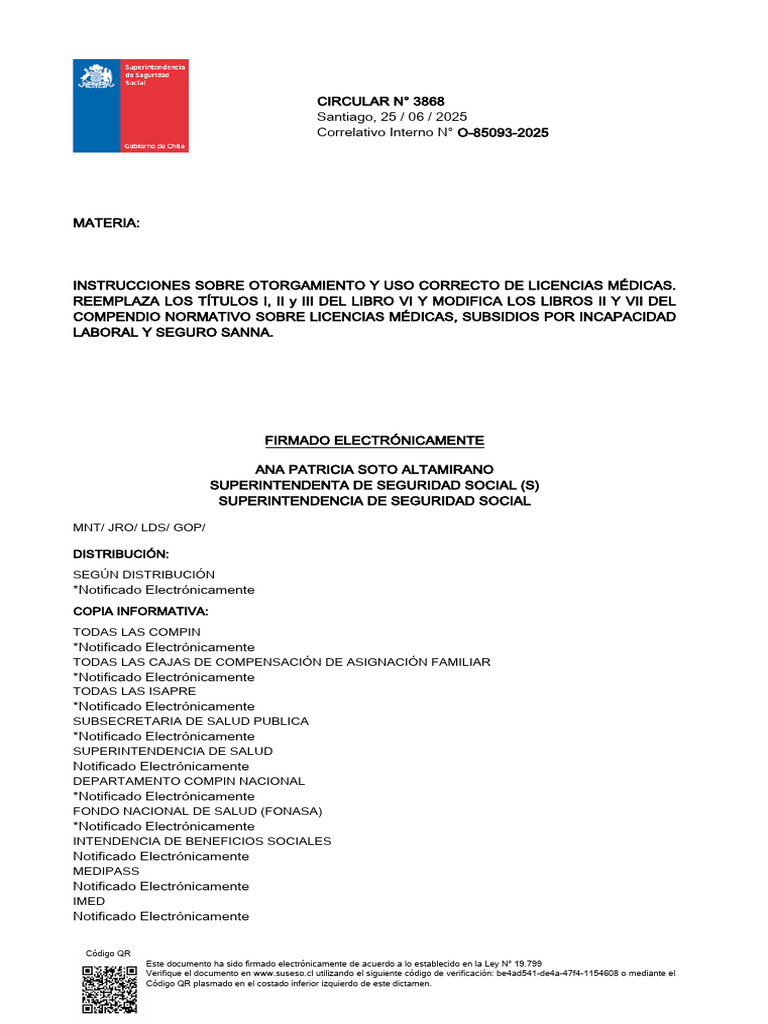 Instrucciones Licencias Médicas Circular 3868 | PDF | Multa (pena ...
