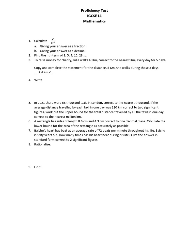 IGCSE L1 Mathematics Proficiency Test | PDF