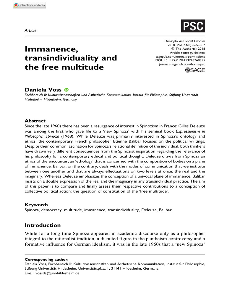 Voss 2018 Immanence Transindividuality and The Free Multitude PDF