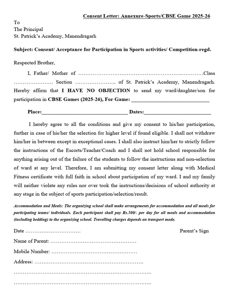 Parent Consent for CBSE Sports 2025-26 | PDF