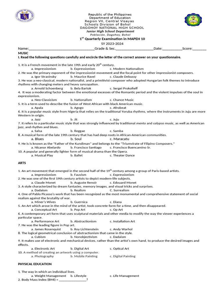 MAPEH 10 Quarterly Exam Guide 2023-2024 | PDF | Dances | Paintings