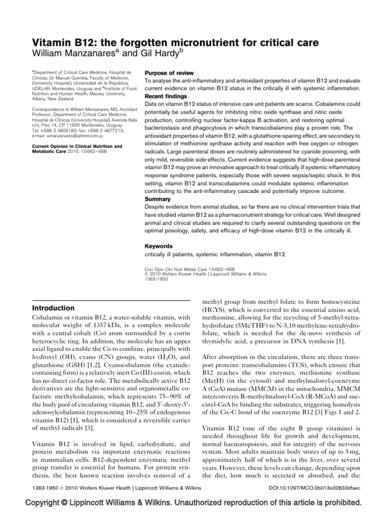 Vitamin B12 The Forgotten Micronutrient For Critical Care | PDF ...