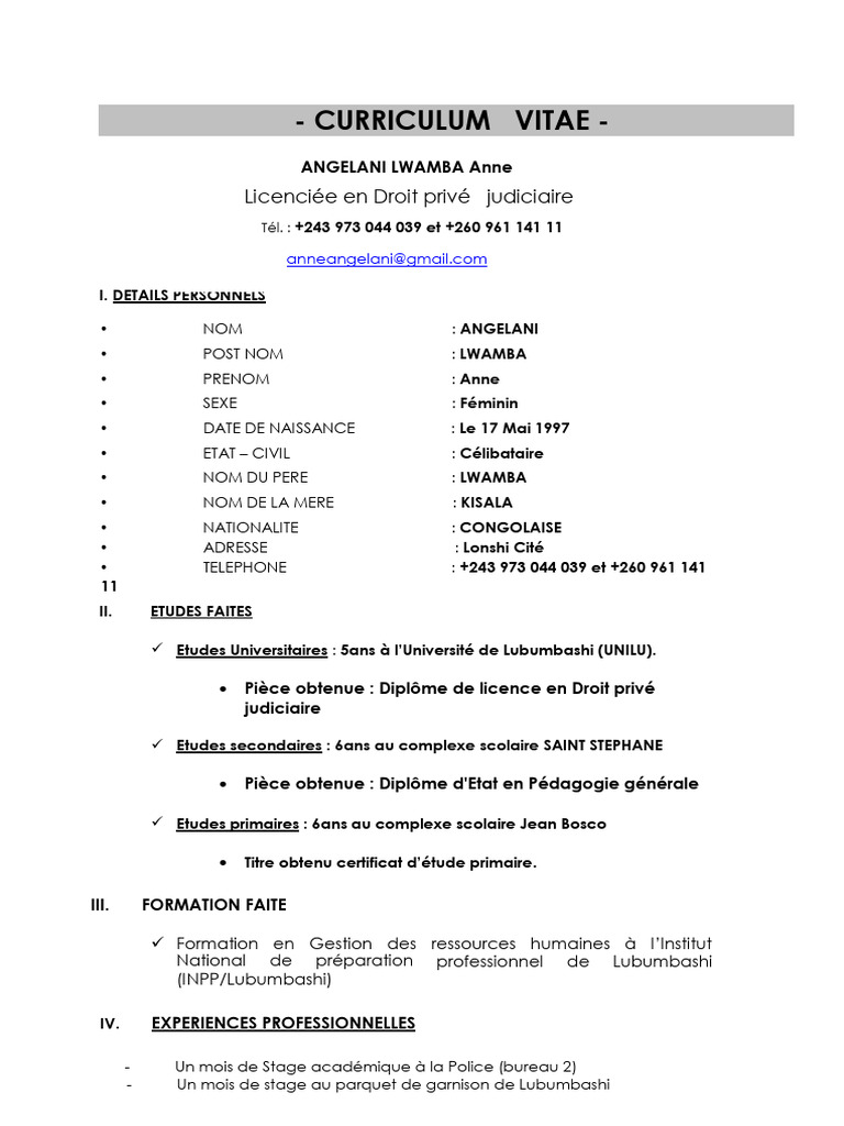 CV d'Anne Angelani Lwamba | PDF