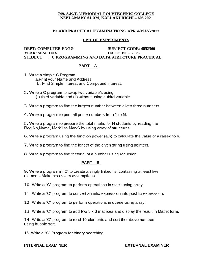 C Programming Practical Exam 2023 | PDF