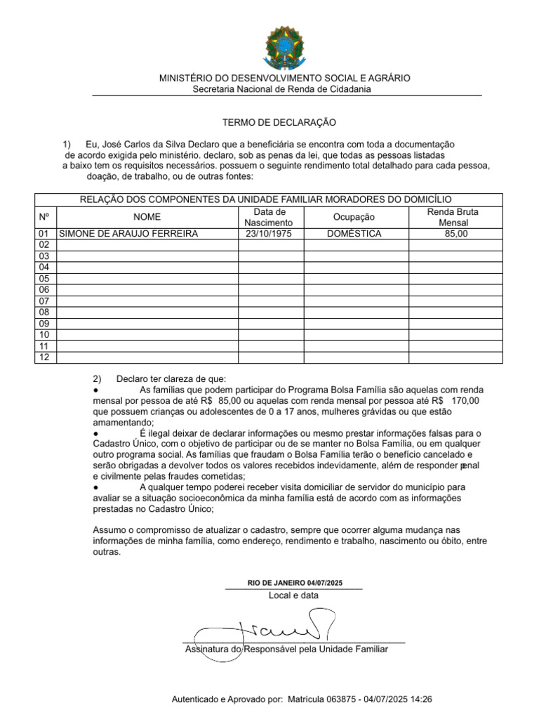 Declaração para Bolsa Família e Renda Familiar | PDF