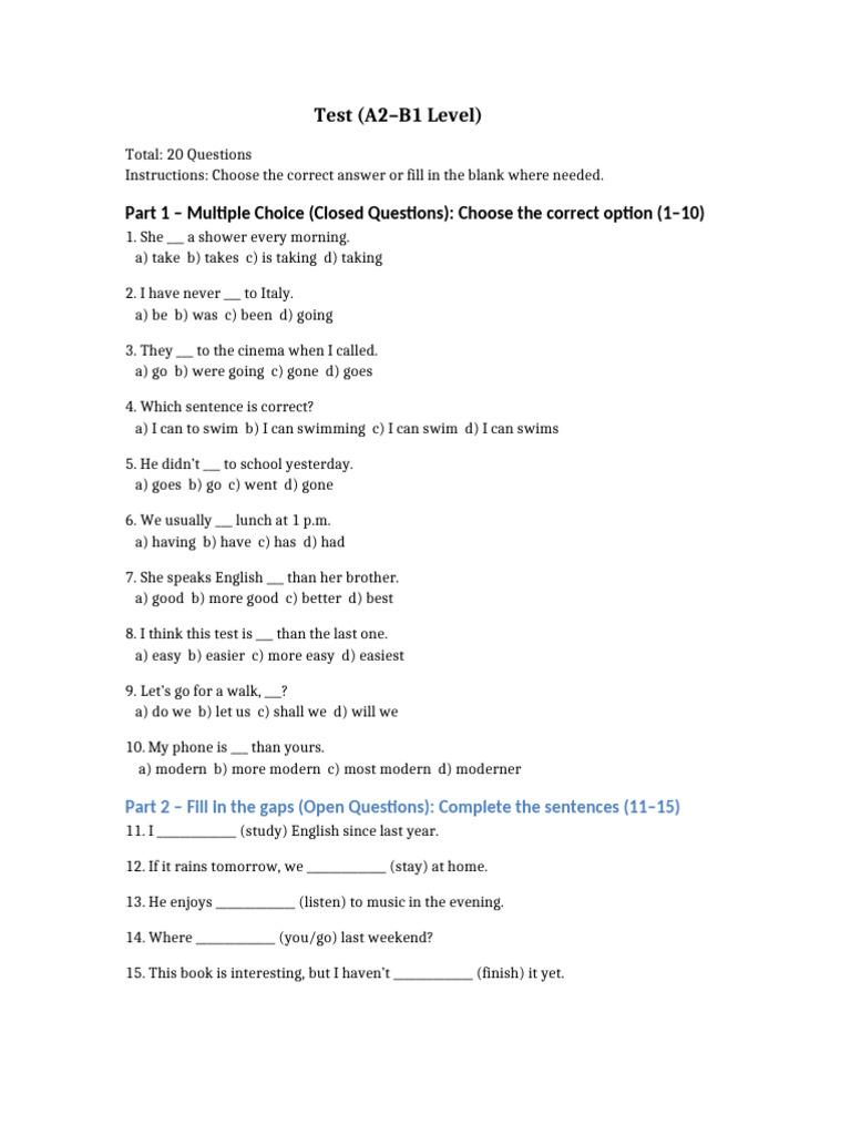 A2-B1 Lexical Grammar Test | PDF | Chess Theory | Linguistics