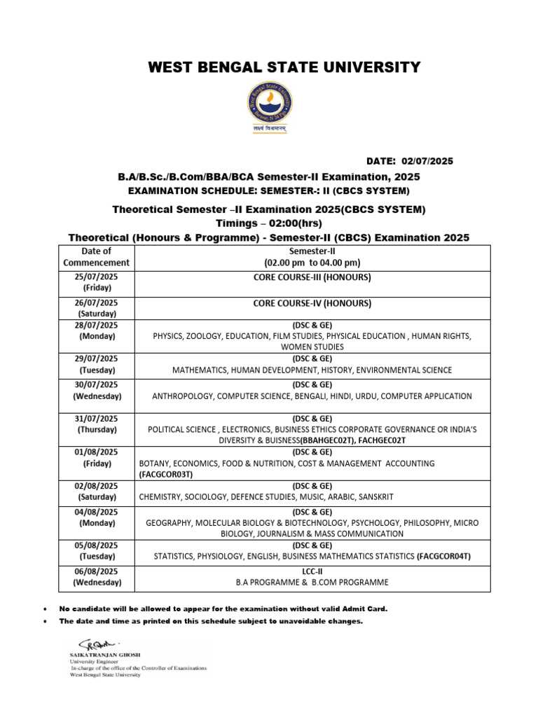 WBSU CBCS 2nd Semester Exam Schedule 2025 | PDF | Science | Liberal ...