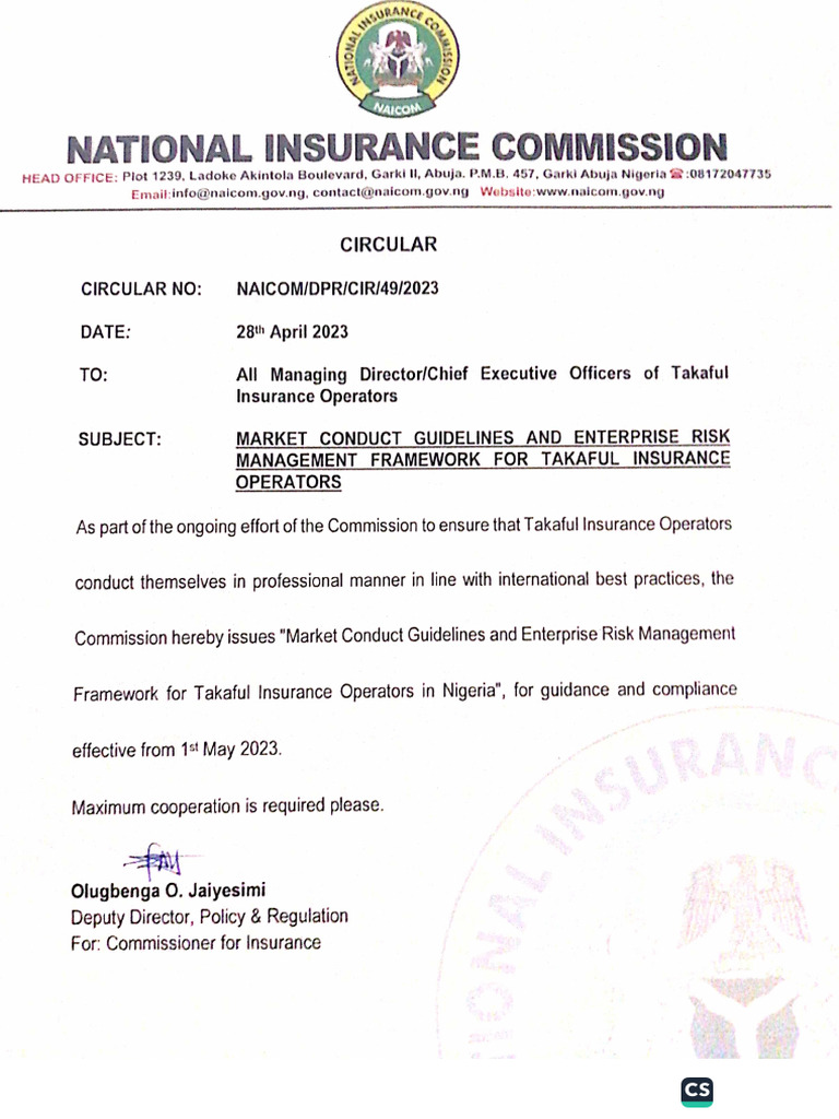 Circular On MARKET CONDUCT and Enterprise Risk Management Framework For ...