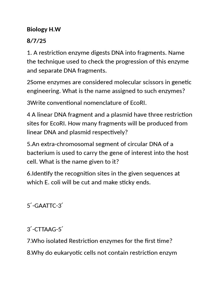 Restriction Enzymes in Genetic Engineering | PDF