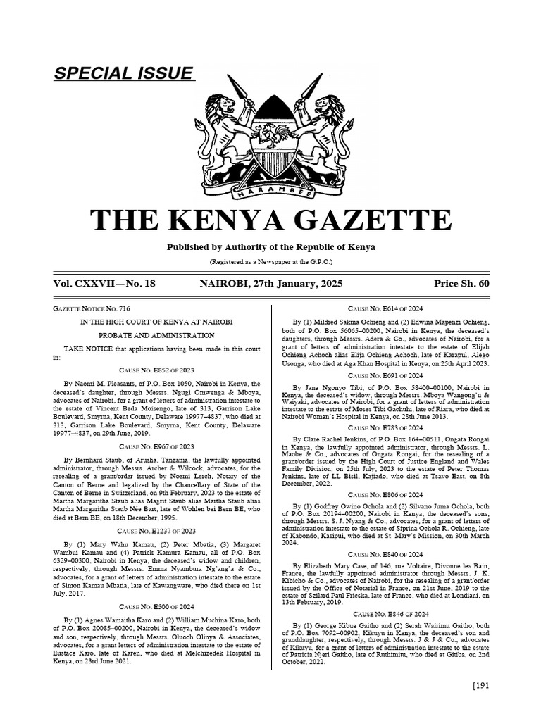 Kenya Gazette Vol CXXVIINo 18 | PDF | Probate | Nairobi