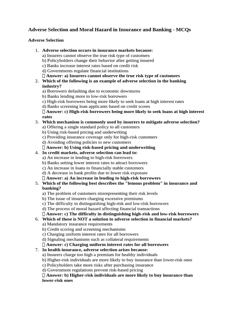 Adverse Selection & Moral Hazard in Banking | PDF | Adverse Selection ...