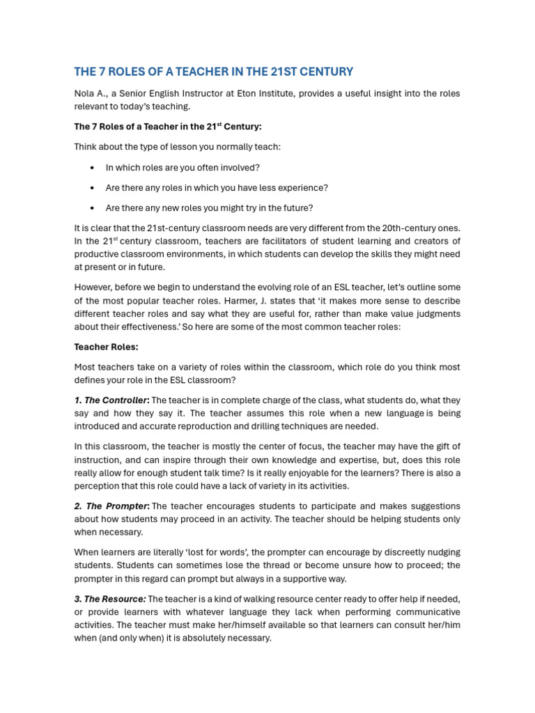 7 Essential Teacher Roles Today | PDF | Teachers | Learning