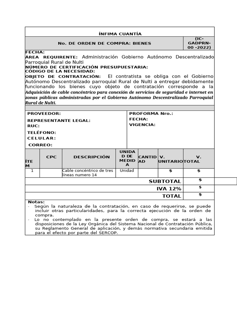 4 Modelo Orden de Compra Cable | PDF | Multa (pena) | Presupuesto