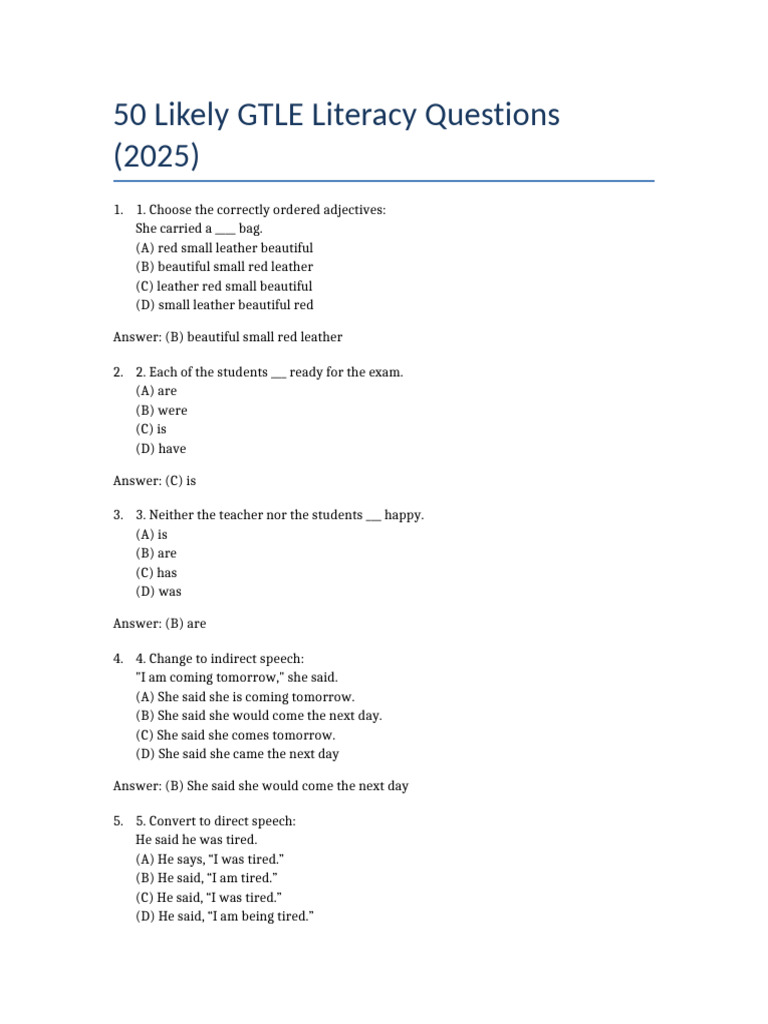 GTLE Literacy Exam Sample Questions | PDF | Chess