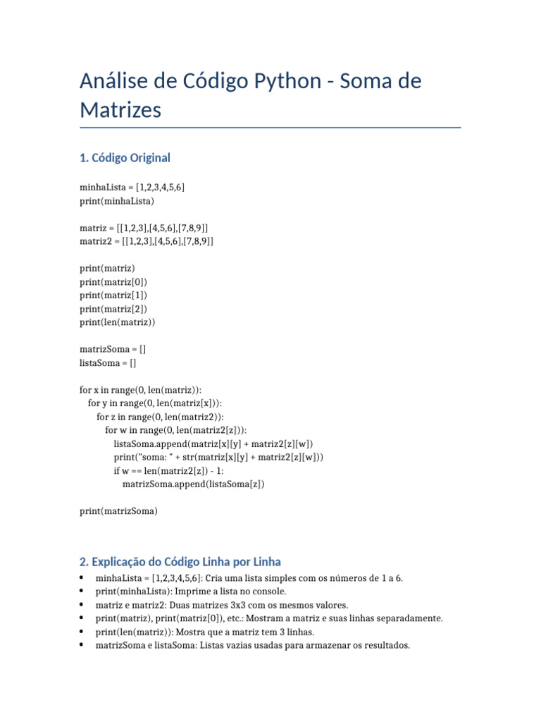 Soma de Matrizes em Python: Análise e Melhoria | PDF