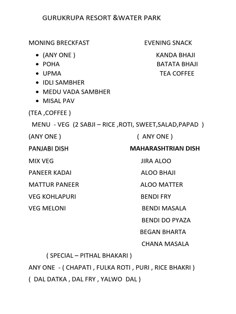 Gurukrupa Resort Menu Overview | PDF