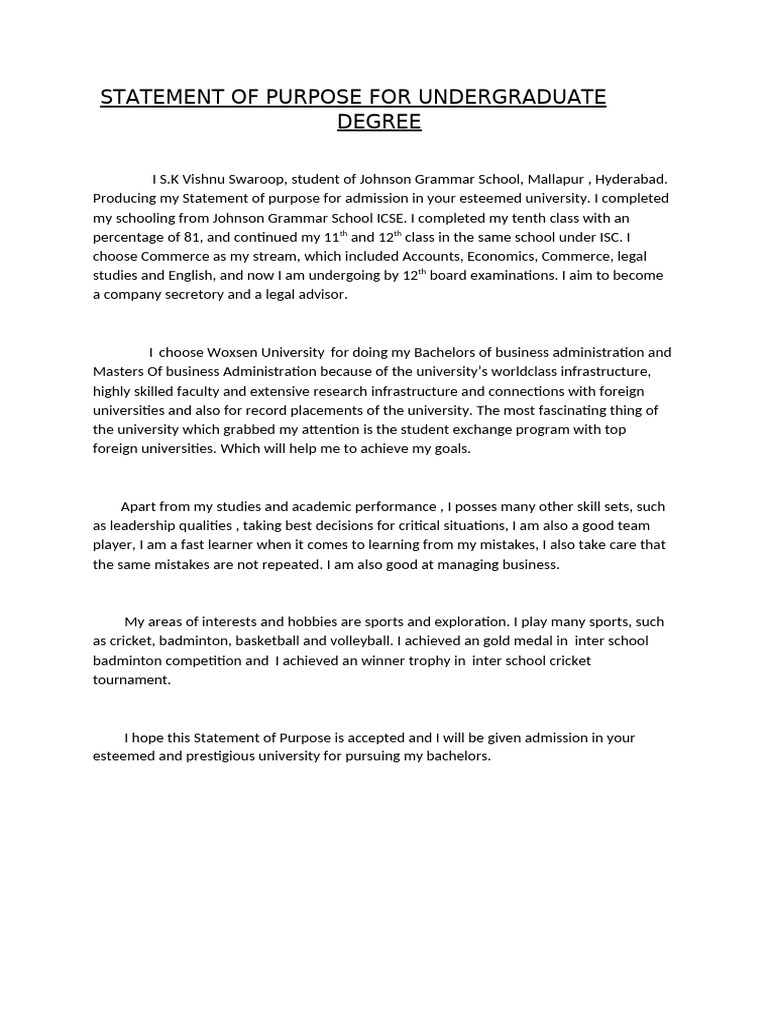 Statement Of Purpose For Undergraduate Examples