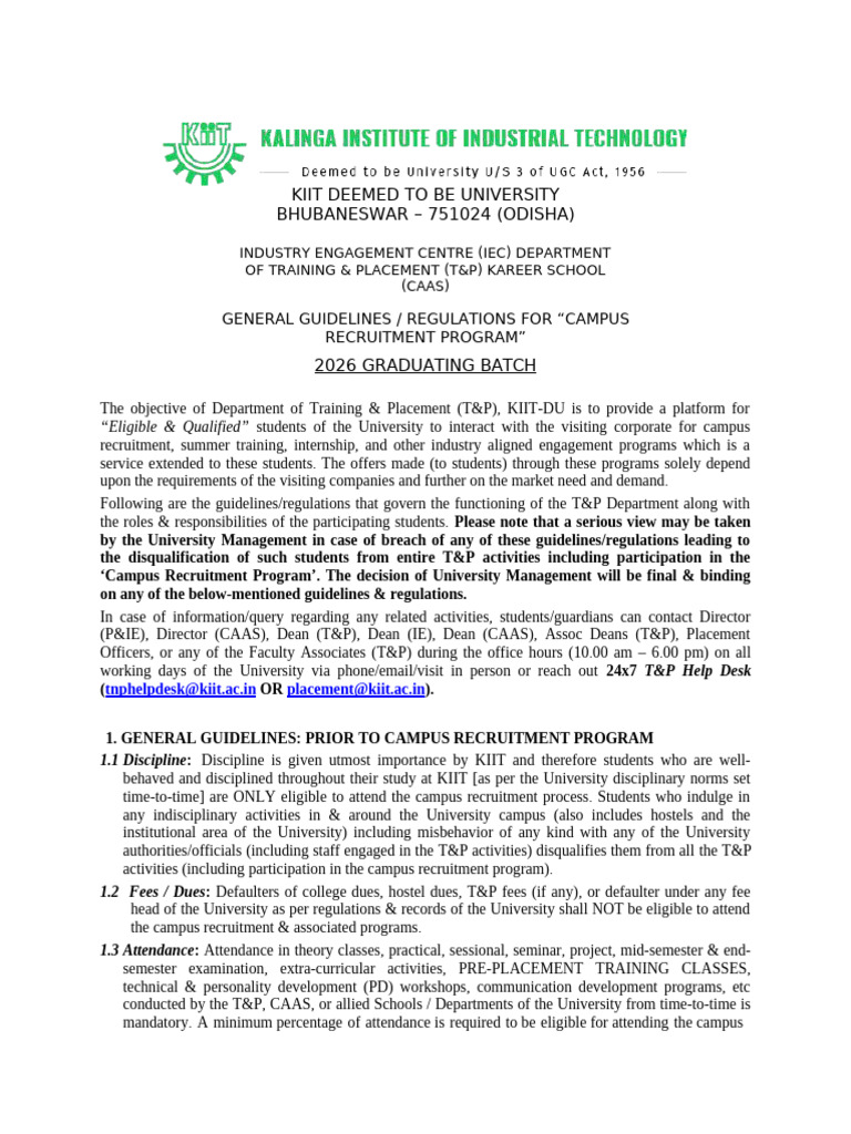 T&P Regulations - 2026 Batch | PDF