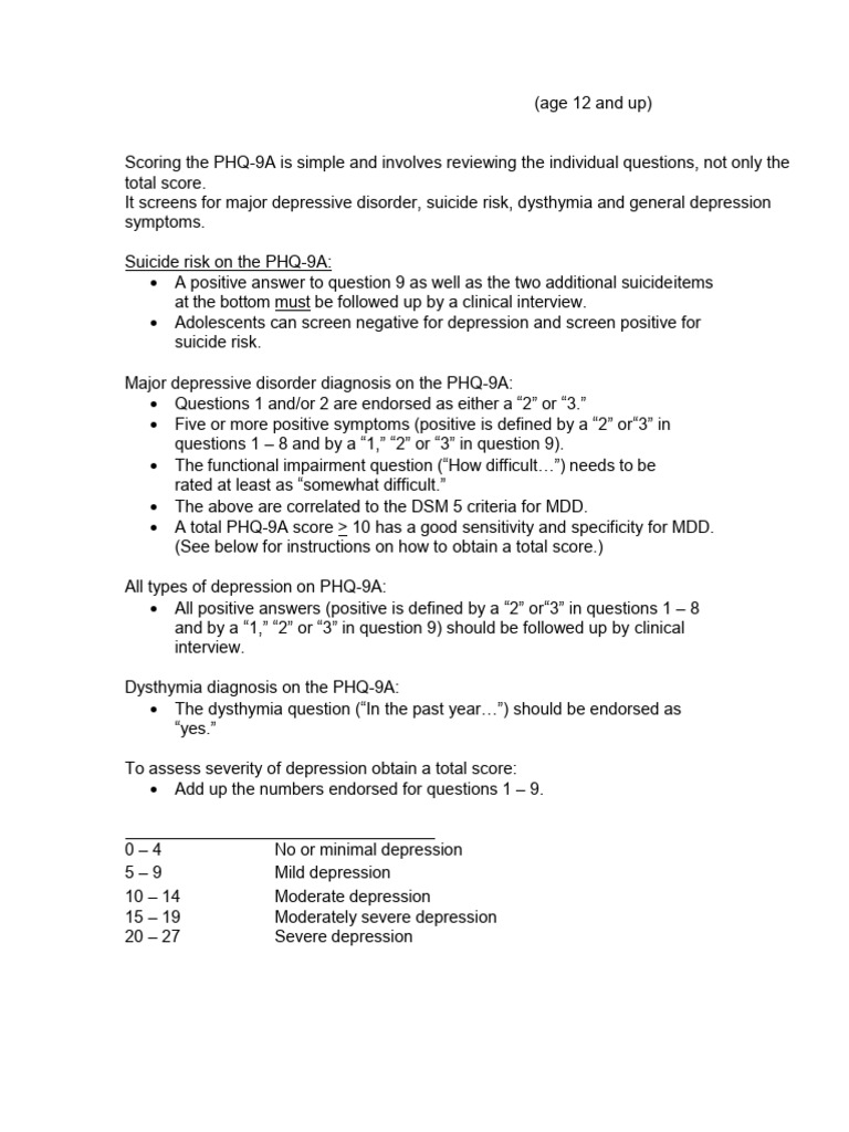 PHQ-9A Scoring Guide for Adolescents | PDF