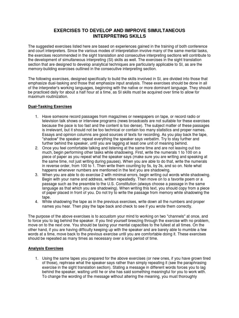 Simultaneous Interpreting Skill Exercises | PDF | Language Arts ...