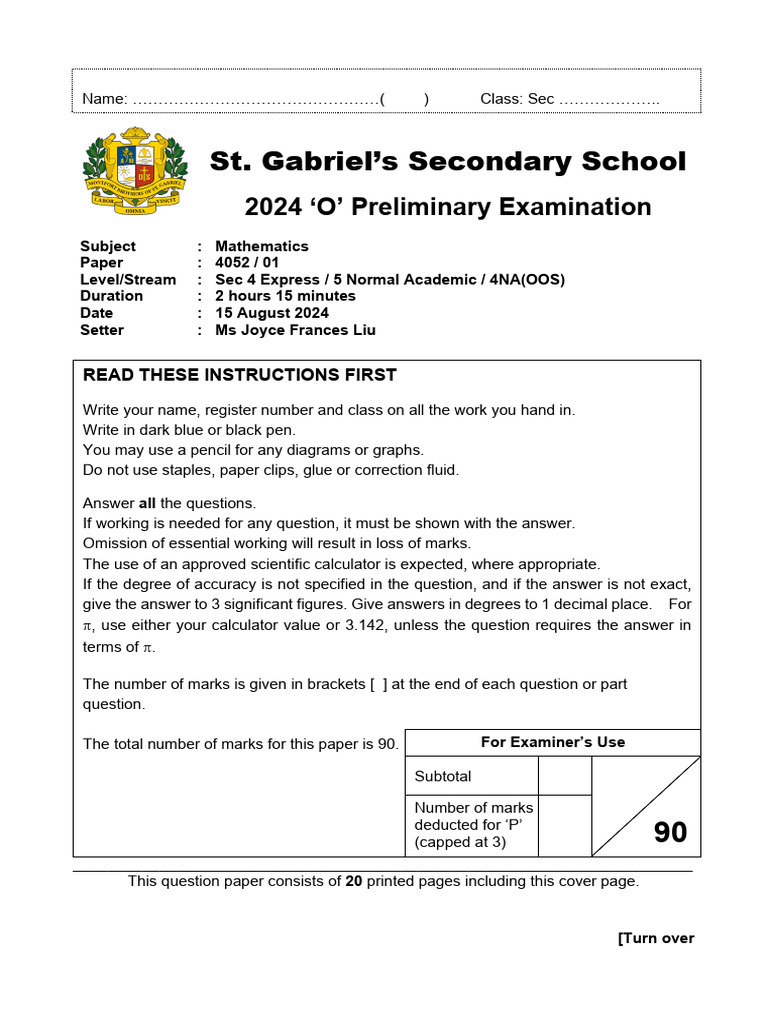 2024 St. Gabriel's Sec Math Prelim Exam | PDF | Area | Pie Chart