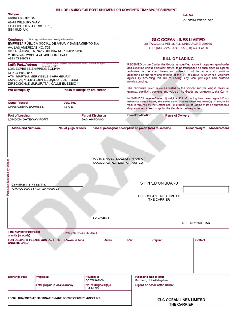 GLC Ocean Lines Bill of Lading Details | PDF | Bill Of Lading | Indemnity