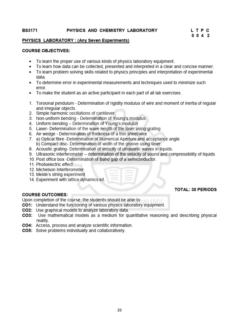 BS3171 Physics and Chemistry Laboratory L T P C 0 0 4 2 PHYSICS ...