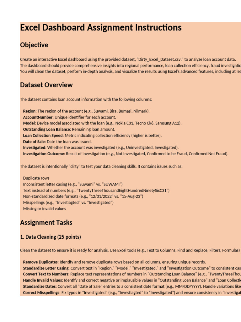 Excel Dashboard Assignment Overview | PDF | Microsoft Excel | Pie Chart
