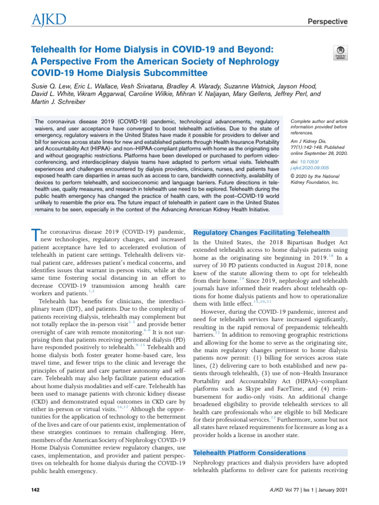 Telehealth For Home Dialysis in COVID 19 and Beyon | PDF | Hemodialysis ...