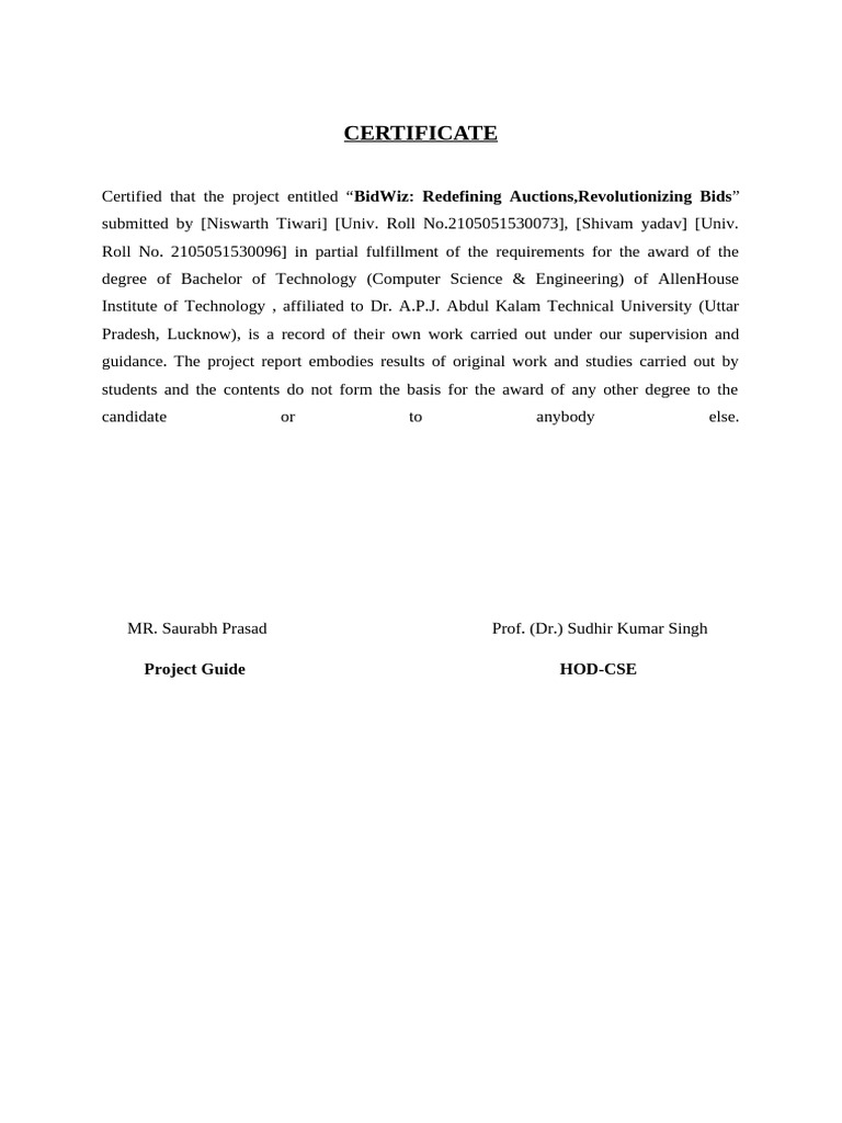 BidWiz Project Certificate - B.Tech CSE | PDF