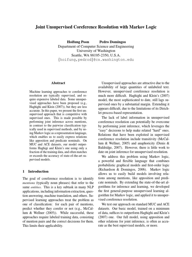 Joint Unsupervised Coreference Resolution With Markov Logic | PDF ...