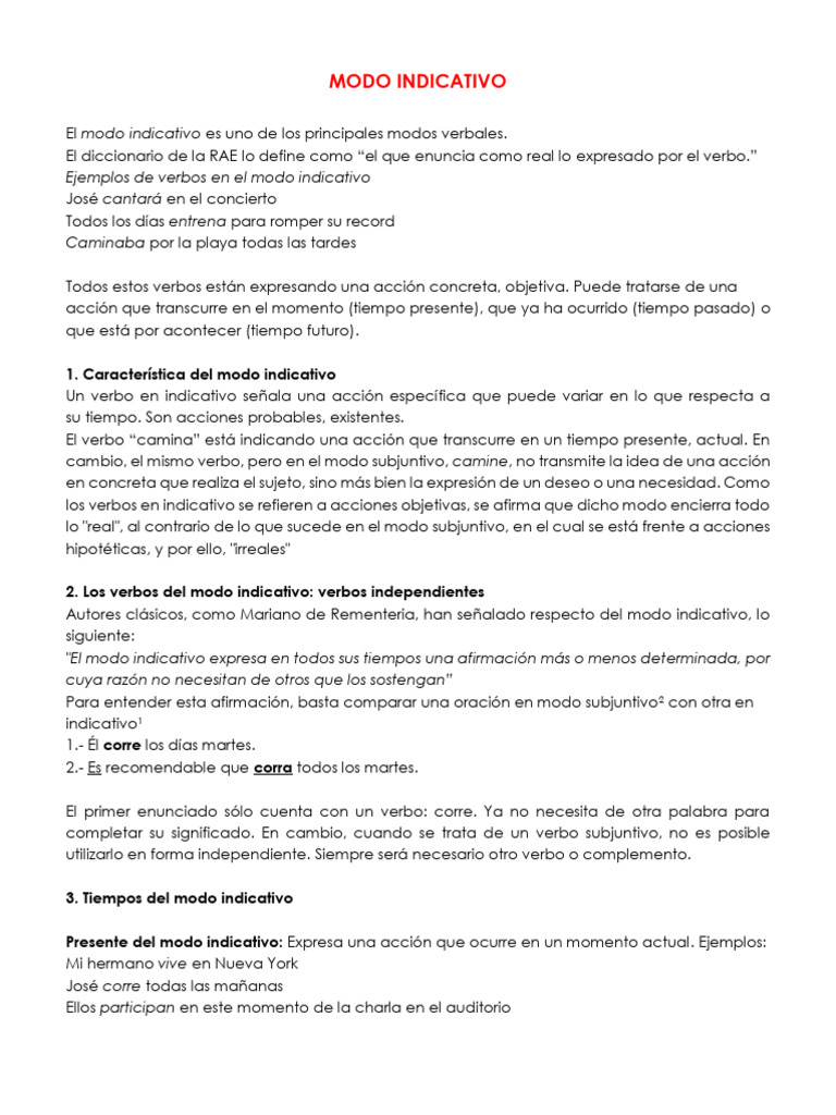 Modo Indicativo: Definición y Ejemplos | PDF | Verbo | Gramática