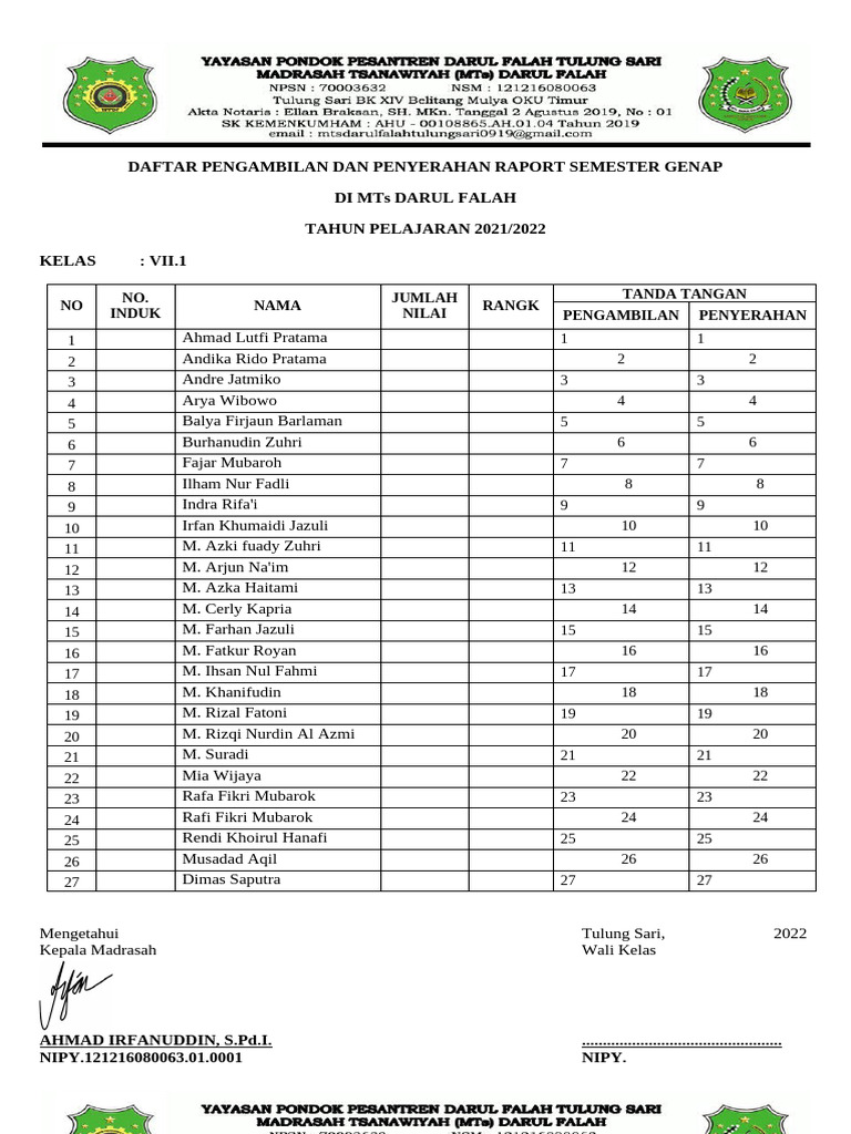 Raport Semester Genap MTs Darul Falah | PDF