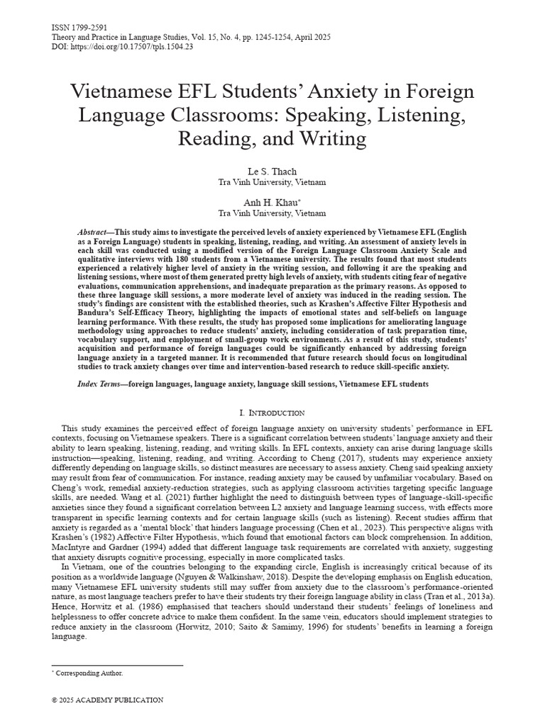 Vietnamese EFL Students' Language Anxiety | PDF | Anxiety | English As ...