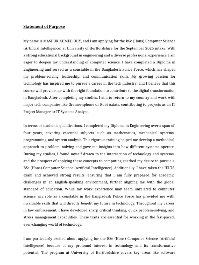 SOP for BSc in Computer Science AI | PDF | Artificial Intelligence ...
