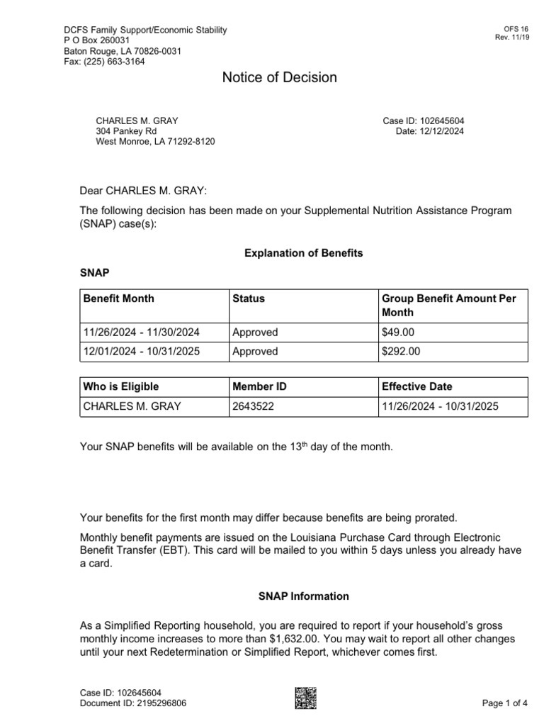 SNAP Benefits Decision Notice for Charles Gray | PDF | Supplemental ...