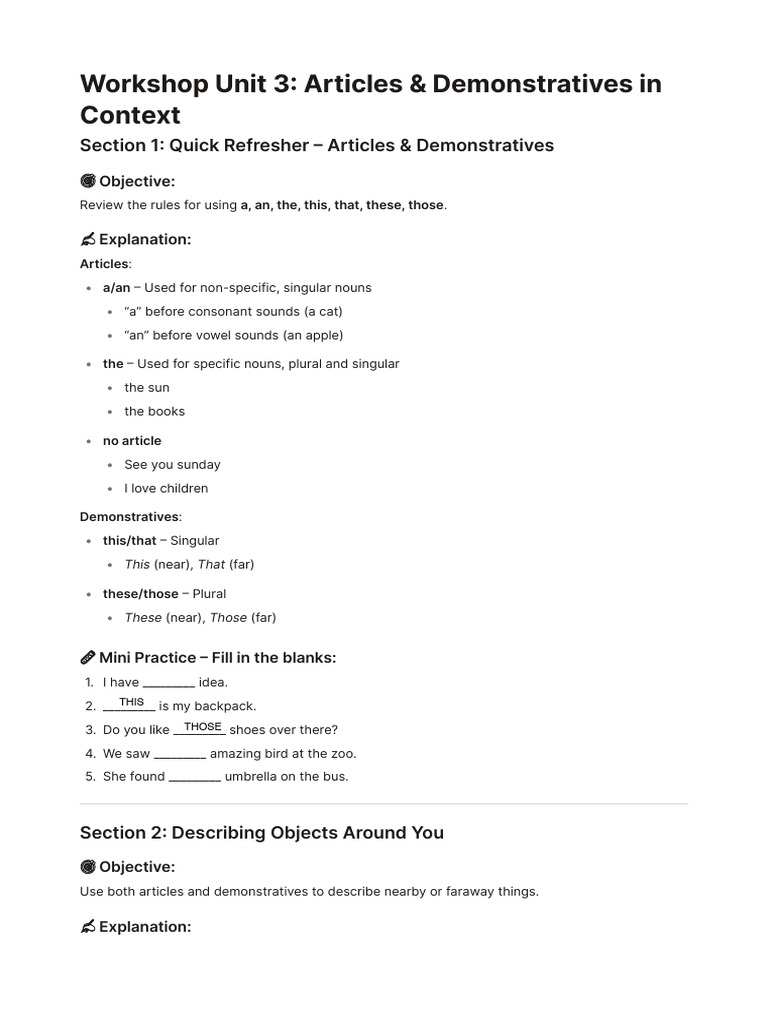 Workshop Unit 3 Articles & Demonstratives in Context | PDF | Plural ...