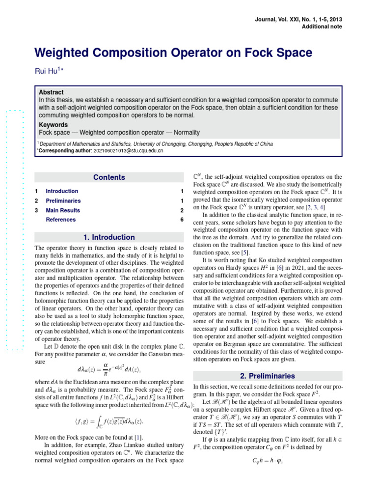 Weighted Composition Operator On Fock Space | PDF | Operator Theory ...