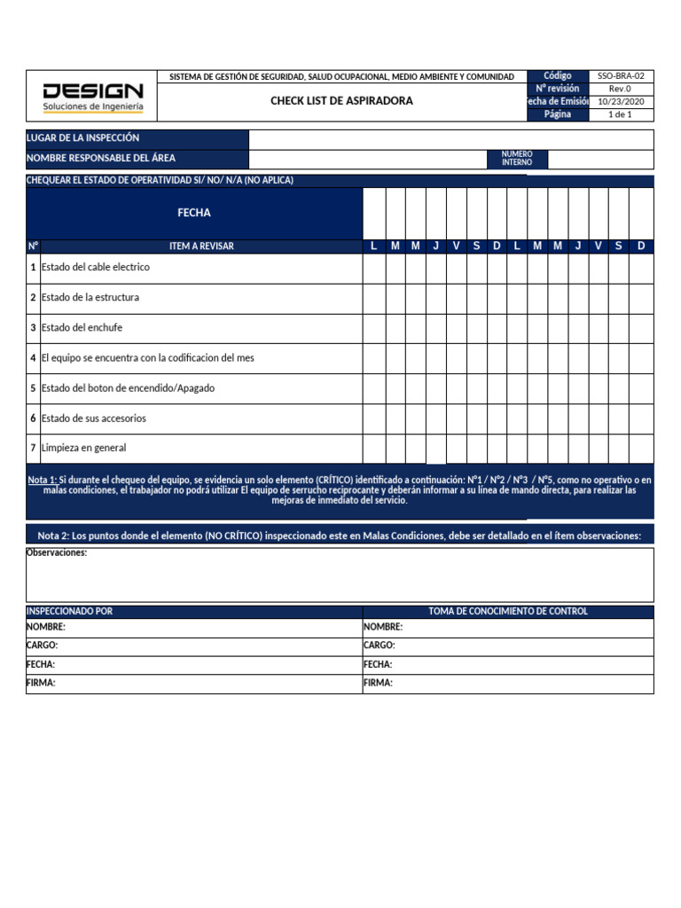 Check List de Aspiradora SSO-BRA-02 | PDF