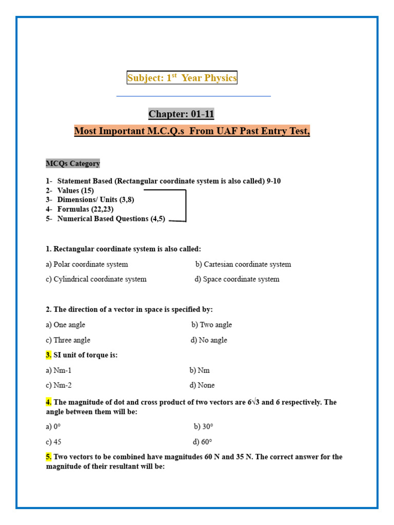 Important MCQs for 1st Year Physics | PDF | Velocity | Physical Quantities